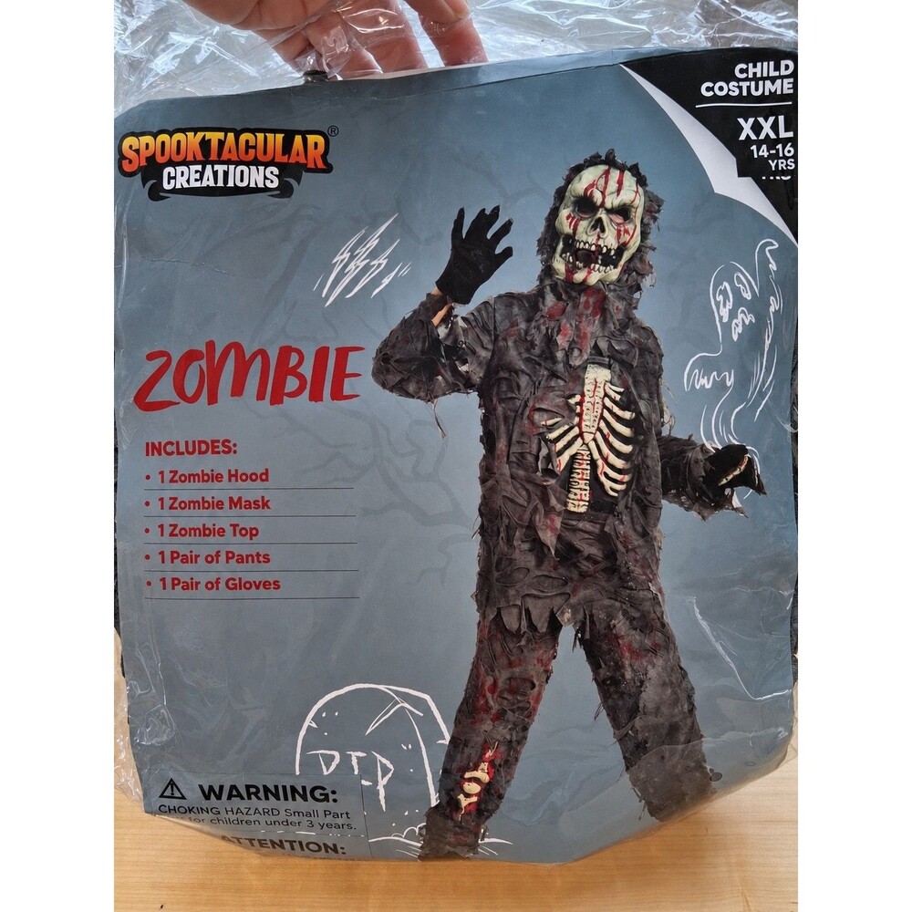 Zombie Horror Halloween Costume Child XXL 14-16 Mask Hood Skeleton Spooktacular